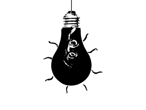 a black and white drawing of a light bulb with a face on it