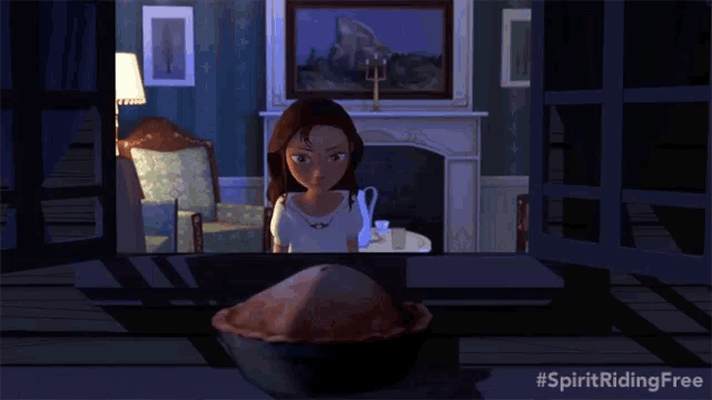 a cartoon of a woman sleeping in front of a fireplace with the hashtag #spiritriding free