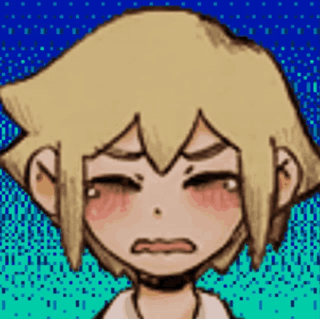 a pixel art drawing of a boy with yellow hair making a funny face .