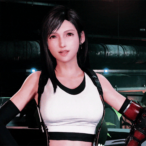 a woman in a white tank top and black gloves is standing in a dark room