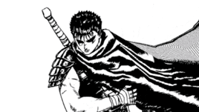 a black and white drawing of a man holding a large sword