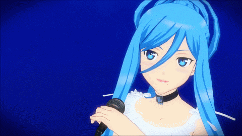 a girl with long blue hair is holding a microphone