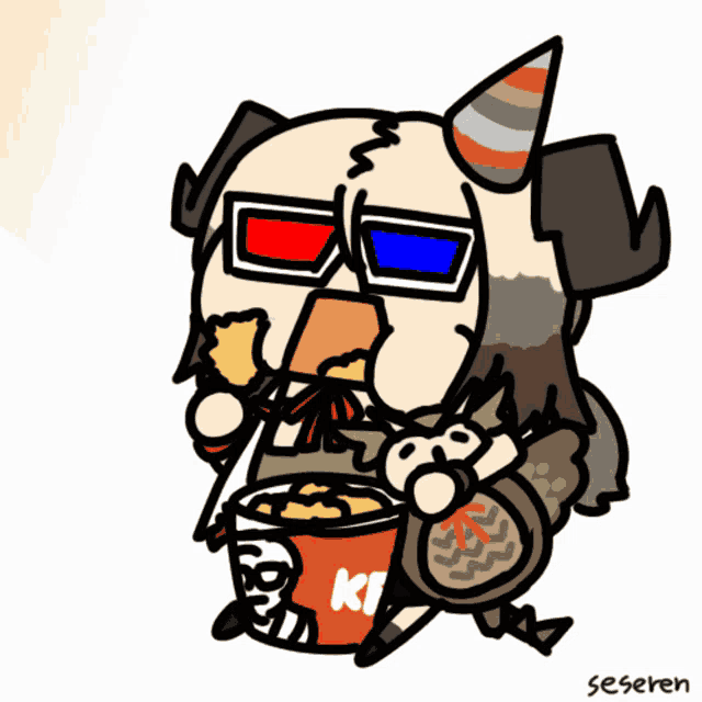 a cartoon drawing of a man wearing 3d glasses eating kfc chicken