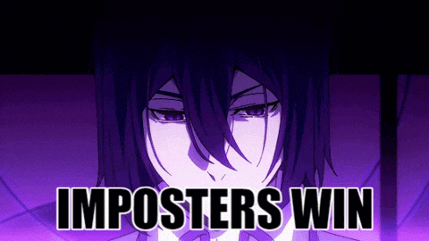 a purple anime character with the words " imposters win " on the bottom