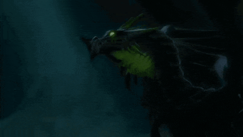 a black and green dragon with a green eye is in the dark