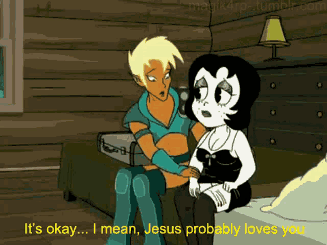 a cartoon says it 's okay i mean jesus probably loves you in yellow letters