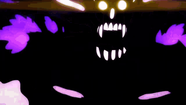 a cartoon of a monster with horns is flying through the air with purple smoke coming out of its mouth .