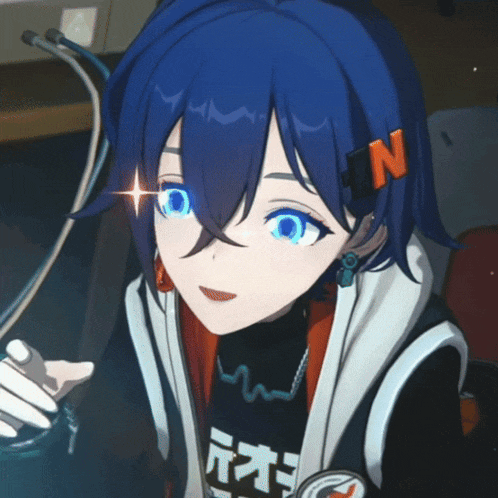 a girl with blue hair has a n on her hair clip