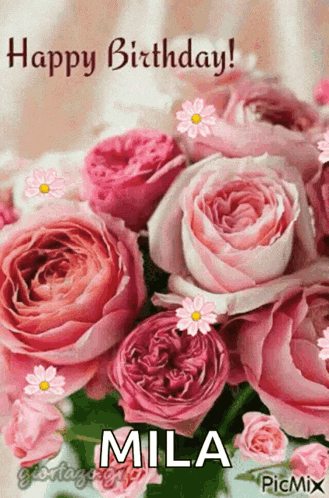 a birthday card with a bouquet of pink roses and the name mila on it