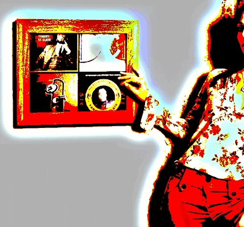 a painting of a woman holding a framed picture of a man and a woman with the word club on the bottom