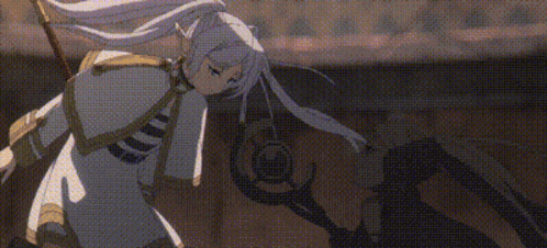 a close up of a cartoon character with a sword and a light coming out of her eyes .