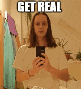 a woman is taking a selfie in front of a mirror with the words get real above her