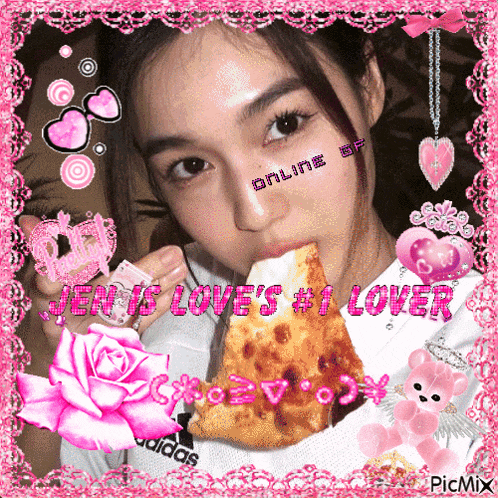 a picture of a girl eating a slice of pizza with the words " jen is love 's # 1 lover " on the bottom