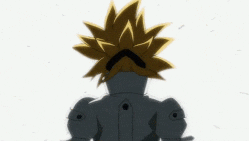 a drawing of a person with a yellow hair and a white armor