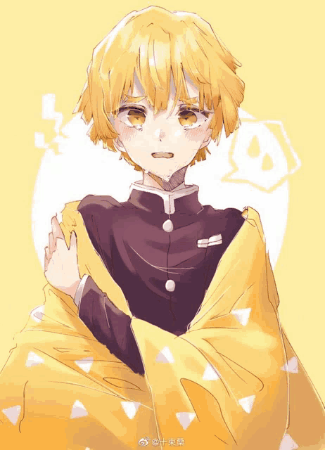 a drawing of a boy with yellow hair and a speech bubble