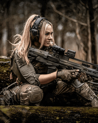 a woman in a military uniform holds a rifle with a red dot sight