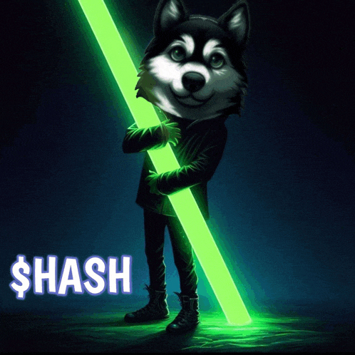 a picture of a husky holding a green light stick with the word hash on it