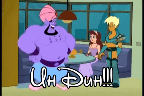 a cartoon of a genie standing next to a woman and a man with the words uh duh written below them