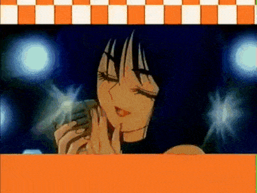 a cartoon girl is singing into a microphone with a checkered background