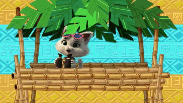 a cat wearing sunglasses is sitting on a bamboo structure