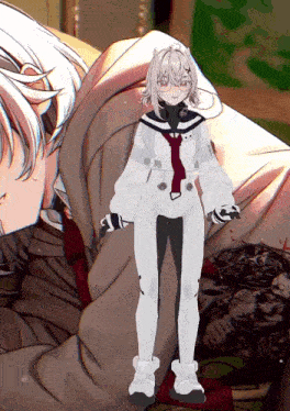 a drawing of a girl in a white suit