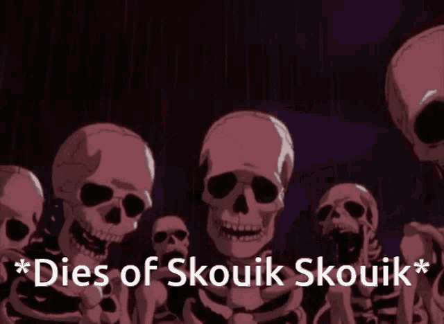 a group of skeletons standing next to each other with the words dies of skouk skouk