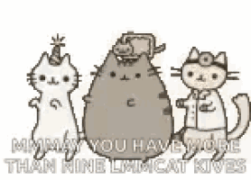 a cartoon of three cats standing next to each other with the words `` may you have more than nine limicat knives ''