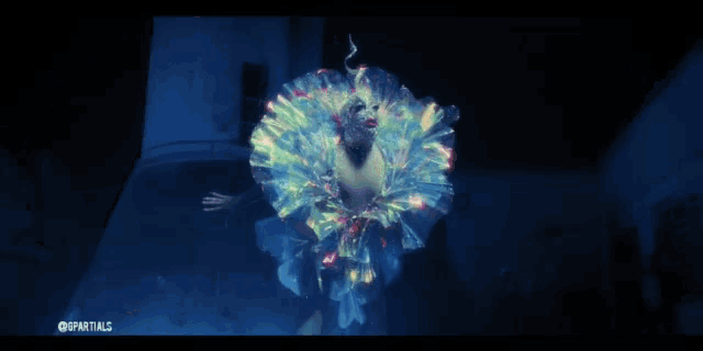 a video of a woman in a colorful costume with the hashtag #ppartials