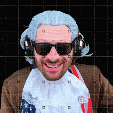 a man wearing a wig and headphones is smiling