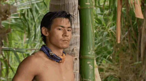 a man without a shirt is leaning against a tree in the jungle .
