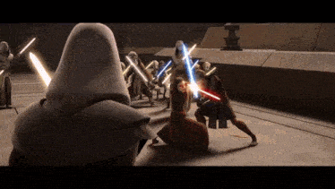 a group of star wars characters are fighting each other