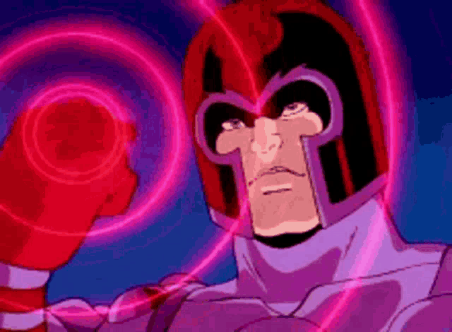 a cartoon character with a red helmet and a purple suit is holding a red object .