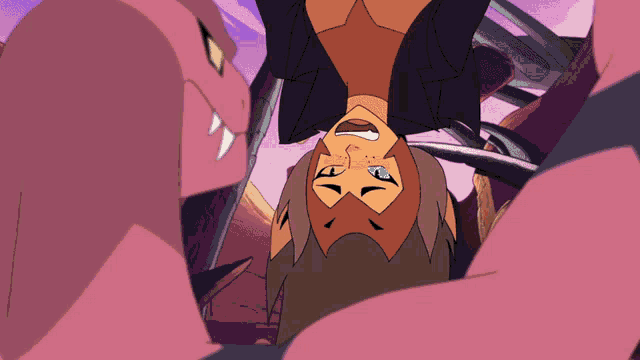 a cartoon character is hanging upside down with a snake behind her