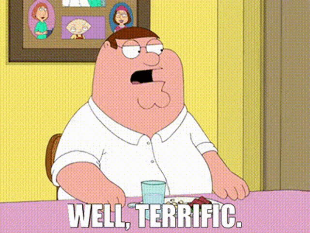 a cartoon character from family guy is sitting at a table with a plate of food and a glass of water .
