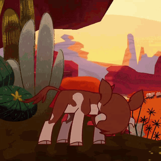 a cartoon dog is standing in a desert landscape .