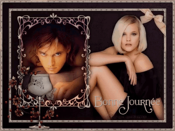 a picture of a man and a woman with the words bonne journee written below them