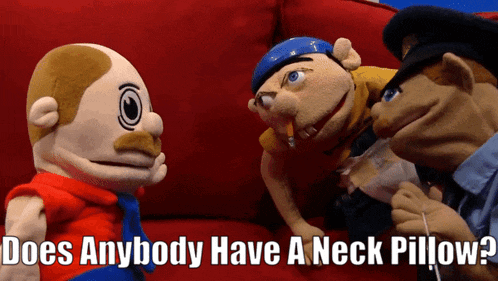 three stuffed animals are sitting on a red couch with the words " does anybody have a neck pillow " above them