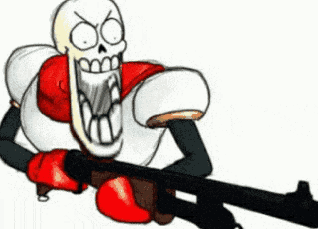 a cartoon skeleton is holding a shotgun with a very angry face .