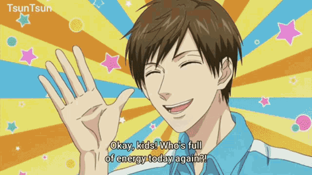 a man says " okay kids who 's full of energy today again " in front of a colorful background