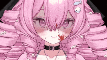 a girl with pink hair has blood on her face and a skull on her hair