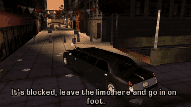 a screenshot of a video game that says it 's blocked leave the limousine here and go in on foot
