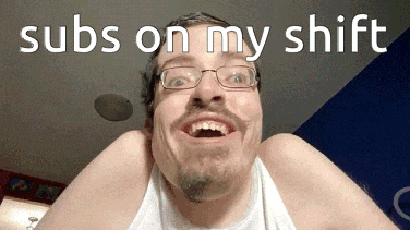 a man with glasses and a beard is making a funny face with the words subs on my shift behind him