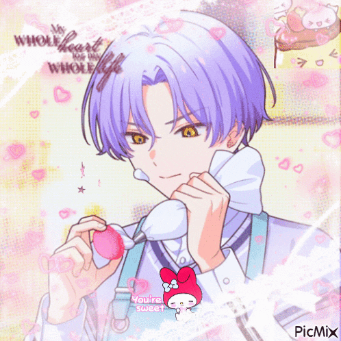 a boy with purple hair is holding a pink heart with the words " my whole heart for my whole life "