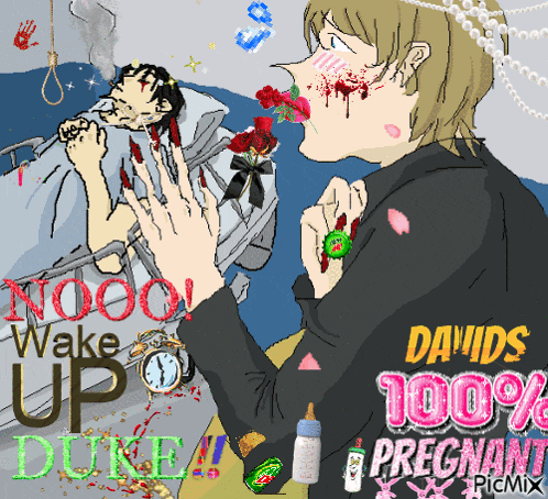 a drawing of a man holding a baby with the words davids 100 % pregnant on the bottom