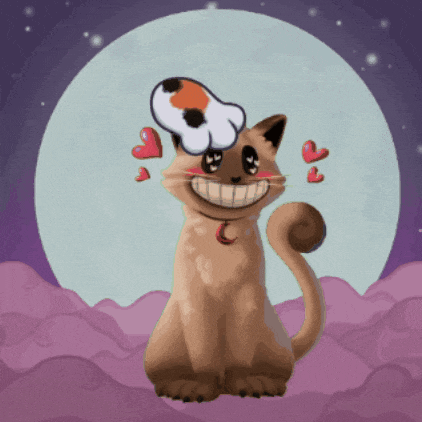 a cartoon cat with a dog on its head and hearts around it