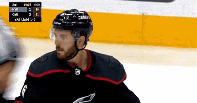 a hockey player stands on the ice with a scoreboard behind him that says 3rd 18:15 shots car leads 1-0