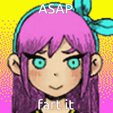 a girl with purple hair and blue eyes is wearing a headband with the words `` asap fart it '' written on it .