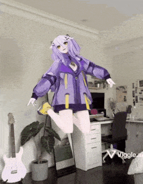 a girl in a purple jacket is jumping in the air in a room