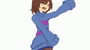a cartoon girl is wearing a blue sweater and purple striped skirt .