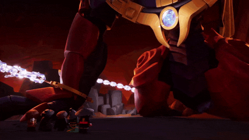 a group of people are standing in front of a large robot